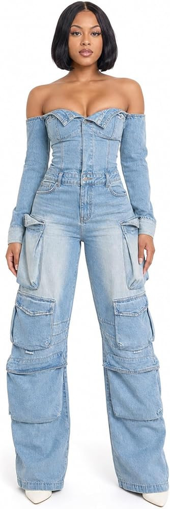 watersouprty Womens Off Shoulder Long Sleeve Denim Jumpsuits Slim Fit Cargo Jean Romper | Amazon (US)