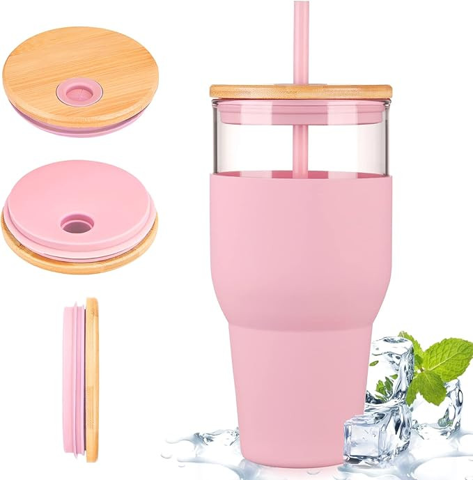kytffu 32oz Glass Tumbler with Straw and Lid, Reusable Boba Smoothie Cup Iced Coffee Tumbler with... | Amazon (US)
