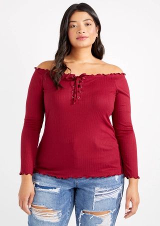 Plus Dark Red Off The Shoulder Lace Up Top | rue21