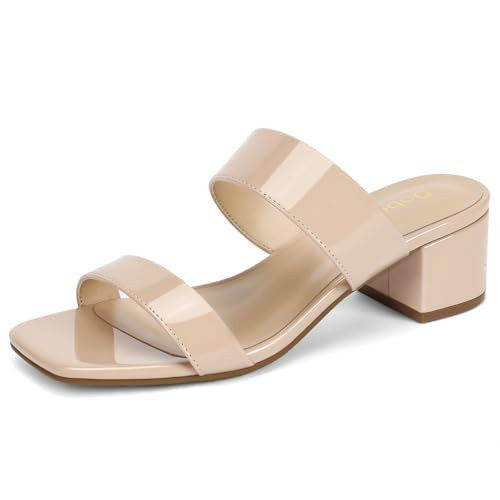 DOBOLIN Women's Wide Width Heels Square Open Toe Sandals Two Strap Heeled Sandals 2-Inch Dress Shoes Chunky Low Heels Comfortable Dressy Nude Patent Size 7.5W | Amazon (US)