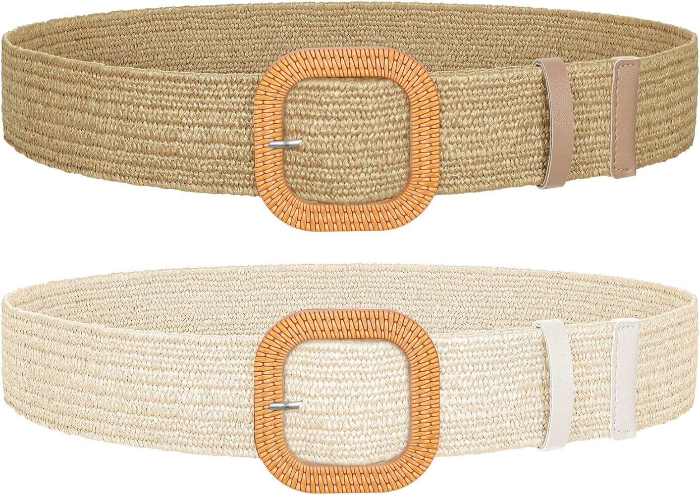 SUOSDEY 2 Pack Straw Woven Elastic Belt Braided Stretch Wide Belt for Women Dress | Amazon (US)