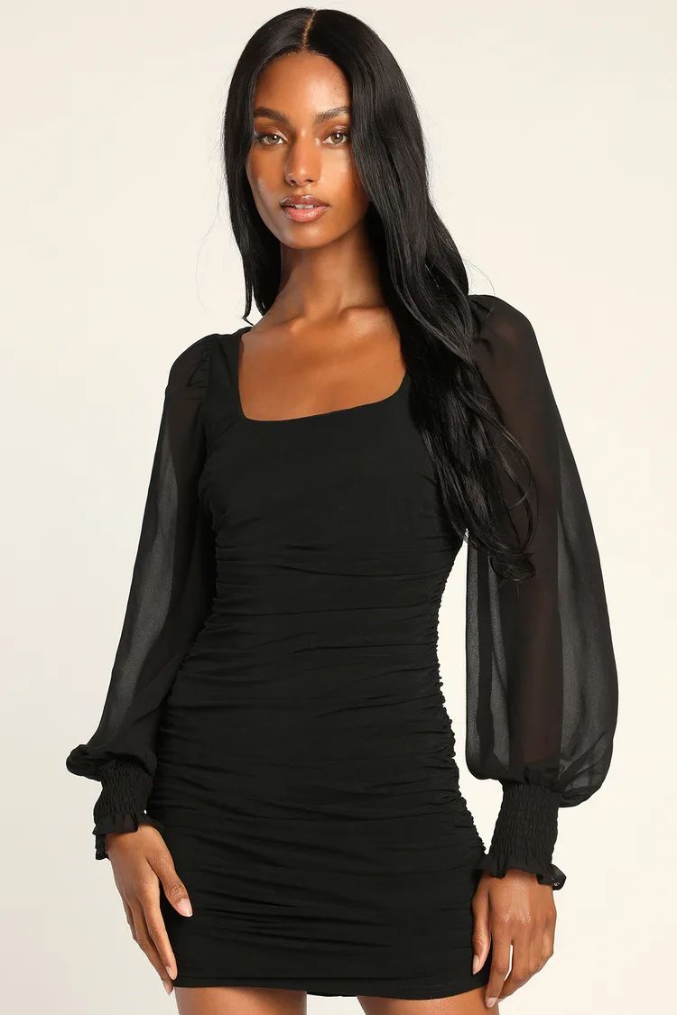 Perfect Sensation Black Mesh Ruched Puff Sleeve Bodycon Dress | Lulus (US)