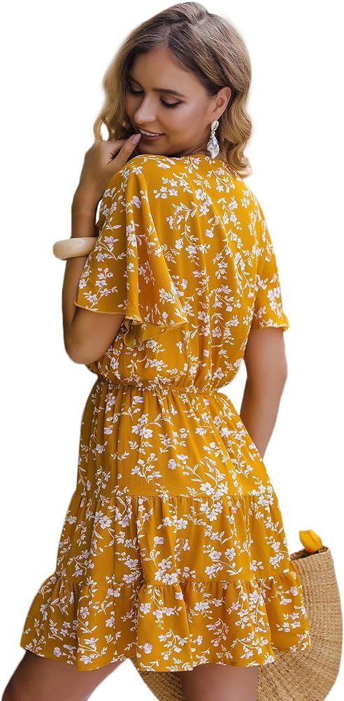 Romwe Women's Short Sleeve V Neck All Over Print High Waist A Line Summer Short Dress | Amazon (US)