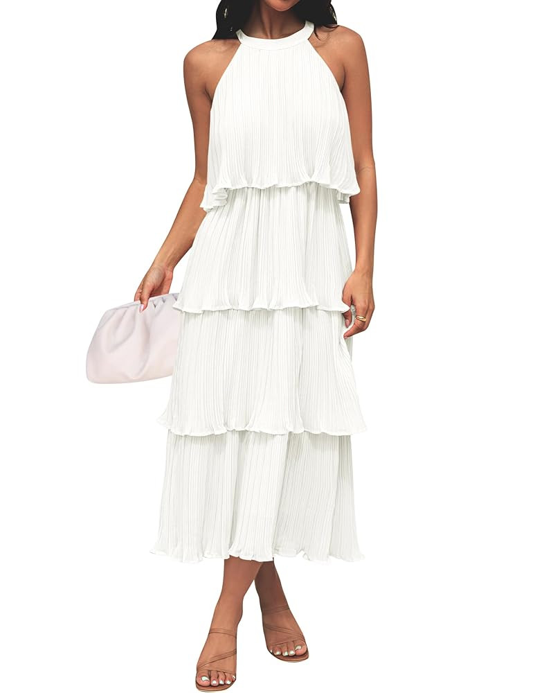 ZESICA Women's 2025 Summer Sleeveless Halter Neck Ruffle Tiered Layed Chiffon Flowy Swing Long Mi... | Amazon (US)