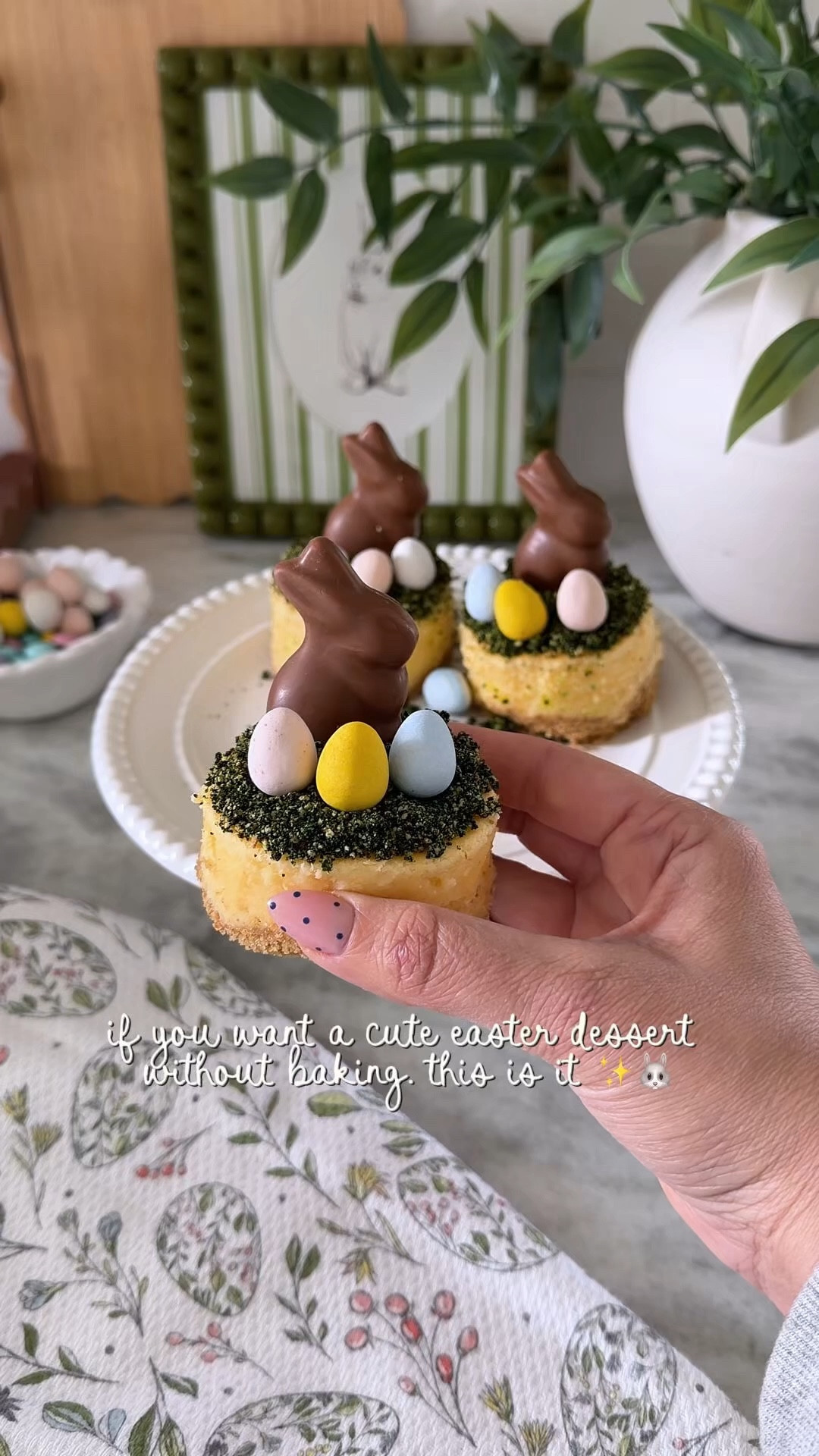 hey!! 🐰✨ here’s exactly how I made the easter cheesecake nests:

• start with a store-bought cheesecake
• use a round biscuit cutter (or glass) to cut out mini cheesecakes

for the “moss”:
• I used a box of crushed graham crackers
• added green gel food coloring (I used about a full small bottle)
• mixed it with my hands until it looked like moss

👉 you can totally adjust the color depending on how green you want it!

then:
• sprinkle the “moss” on top
• add a chocolate bunny
• finish with a few cadbury mini eggs

so easy but turns out SO cute 😭


#LTKHome #LTKfoodie #LTKSeasonal