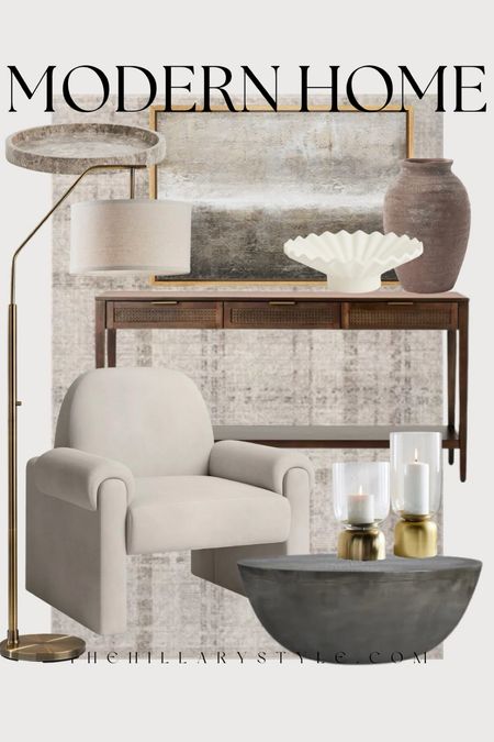 Modern Home: Neutral home decor and fashion finds for the modern organic home. Structural accent chair, wood console table, drum coffee table, brass floor lamp, neutral plaid area rug, marble tray, ceramic vase, white ruffle pedestal bowl, brass hurricane, glass hurricane, candle holders. Target, Wayfair, Potterh Barn, McGee & Co, Anthropologie, H&M.

#LTKStyleTip #LTKSeasonal #LTKHome