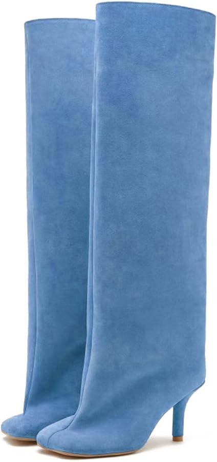 Camel Suede Knee High Boots for Women Slip On Heeled Boots Ladies Square Toe Wide Calf Stiletto H... | Amazon (US)