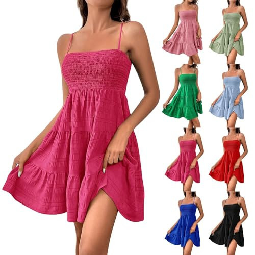 Summer Clothes for Women, Spaghetti Strap Sleeveless Square Neck Ruffle A Line Swing Babydoll Mini Dress Womens Plus Size Women's Sundresses Casual 2024 Dresses Outfits Dresses (M, Hot Pink) | Amazon (US)