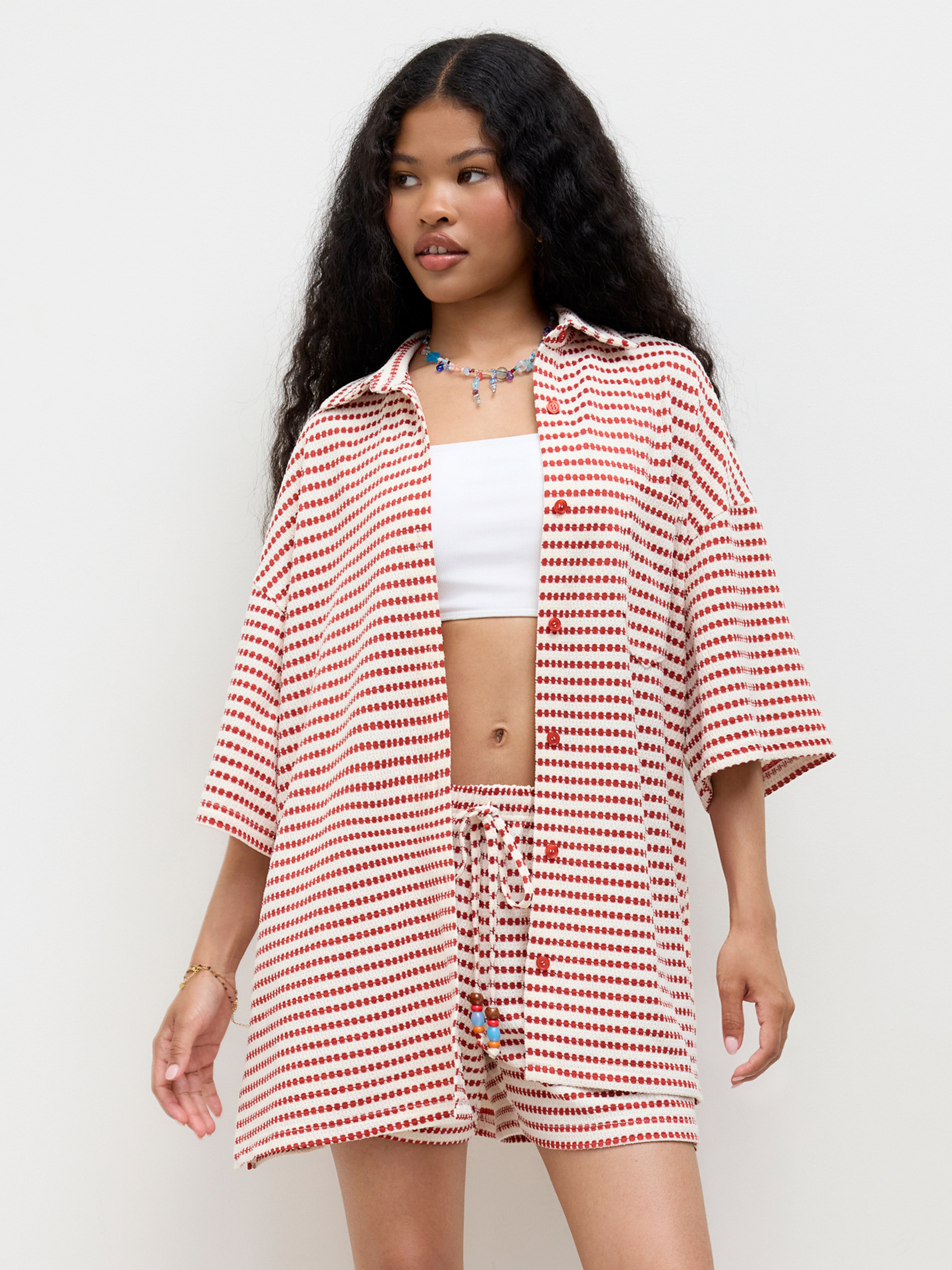 Knit Fabric Collar Stripe Button Through Short Sleeve Shirt For Vacation | Cider