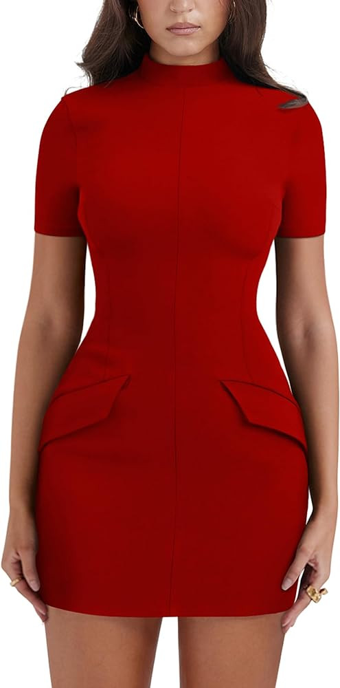 YMDUCH Women's Short Sleeve Mock Turtle Neck Bodycon Mini Tank Short Party Dress | Amazon (US)
