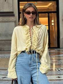 Summer Fashion Women Blouses Light Yellow V-Neck Long Sleeves Tierred Decoration Lace-Up Female C... | SHEIN