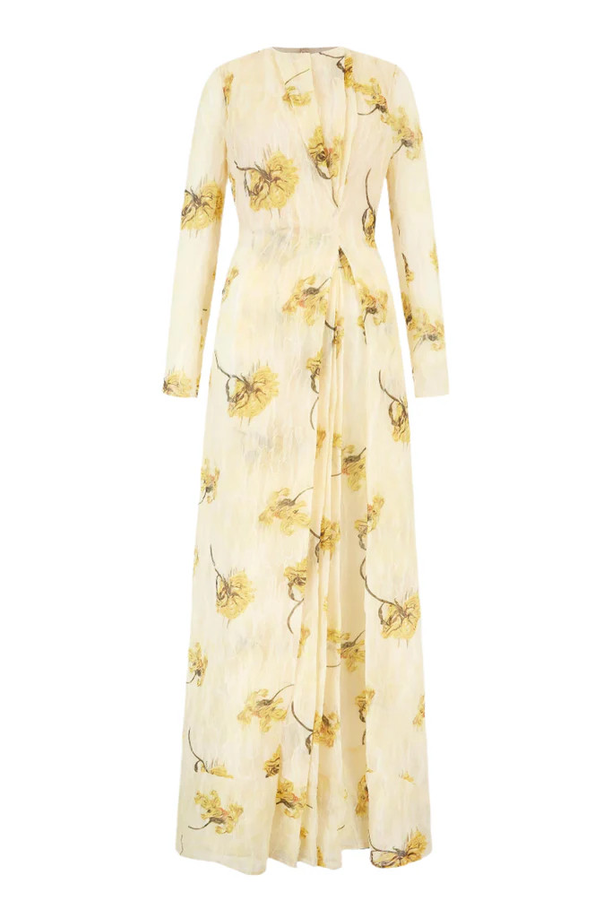 Desiderio Dress In Yellow Floral Printed On Lemon Textured Organza | Over The Moon