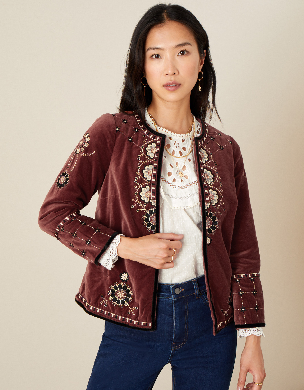 Monsoon Brown (BROWN) Embroidered Velvet Jacket Brown, in Size: XL | Monsoon (UK)