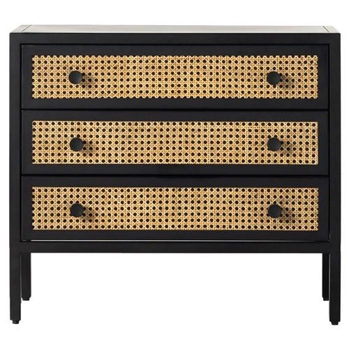 Talia Coastal Beach Black Iron Cane Woven 3 Drawer Nightstand | Kathy Kuo Home