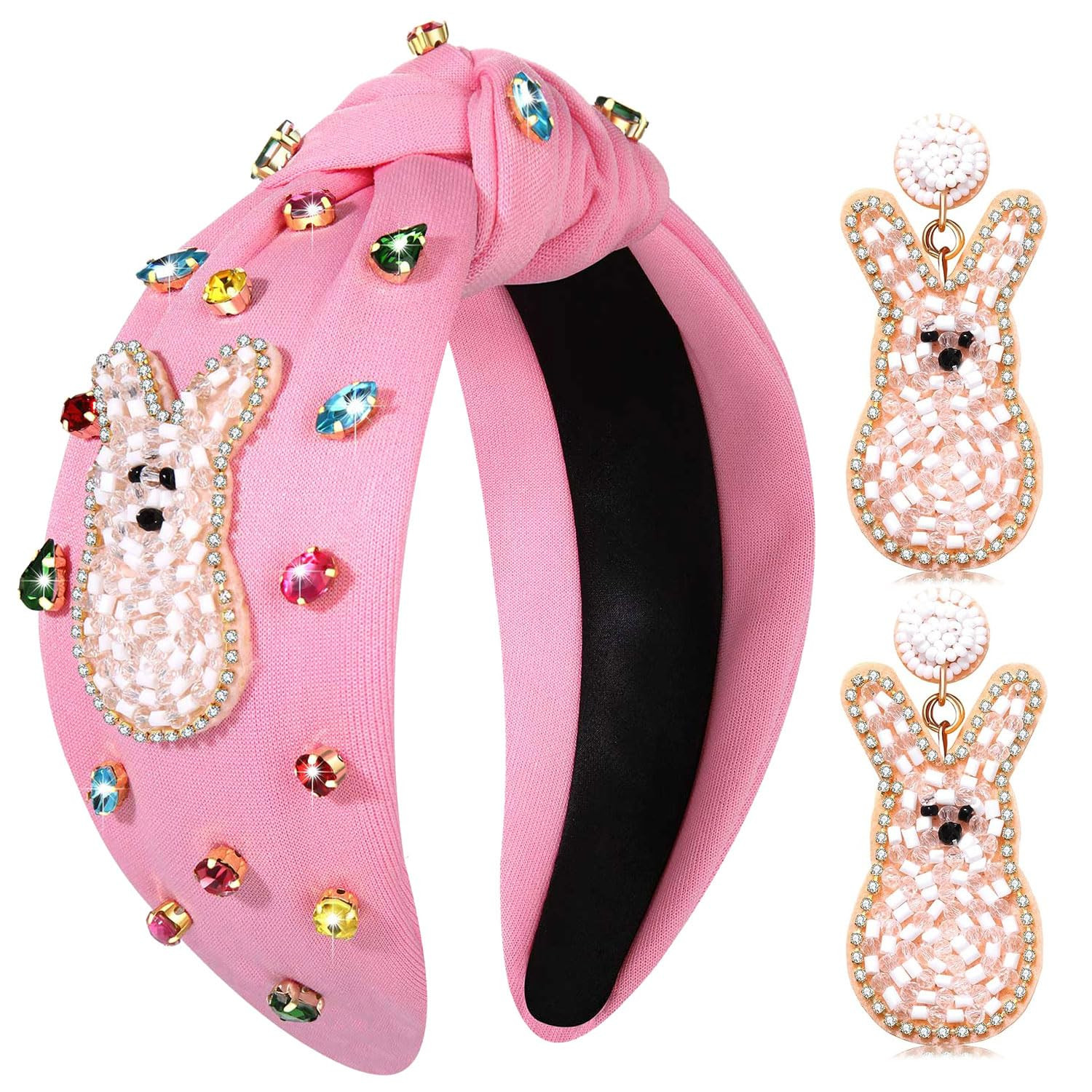 Easter Headband for Women Beaded Bunny Knotted Headband Crystal Rhinestone Wide Top Knot Headband... | Amazon (US)