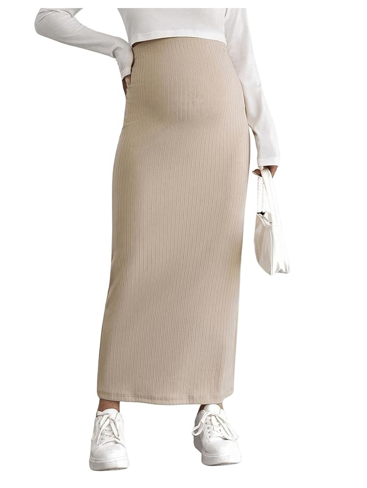 OYOANGLE Women's Maternity High Waist Long Maxi Skirt Casual Solid Adjustable Skirts | Amazon (US)