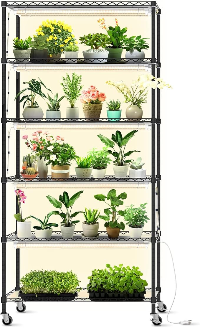 DIY Plant Shelf with Grow Lights, Grow Light Shelf with Adjustable Rack and Wheels, Plant Stand, ... | Amazon (US)