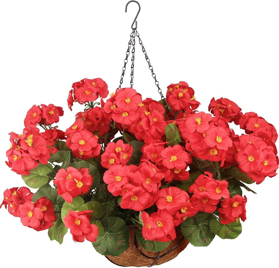 Artificial Flowers for Outdoors with Hanging Basket 12 Pcs Silk Red Geraniums Artificial Hanging ... | Amazon (US)
