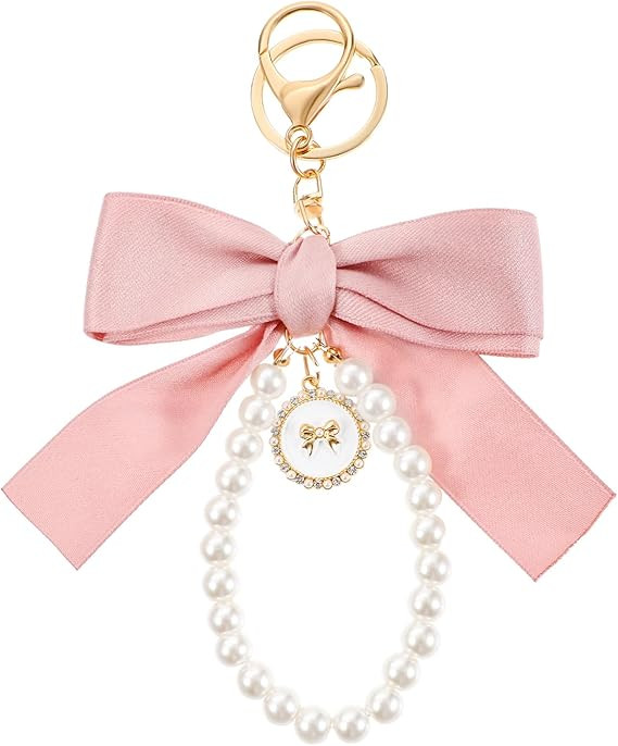Teaaha Pink Bow Keychain Cute Pearl Keychains Coquette Beige Pearl Bow Aesthetic Key Chain Ring w... | Amazon (US)