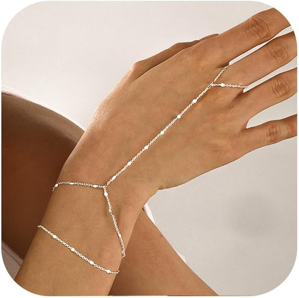 Bracelets for Women 14K Gold Silver Plated Ring Bracelet Hand Chain Dainty Evil Eye Heart Clover ... | Amazon (US)