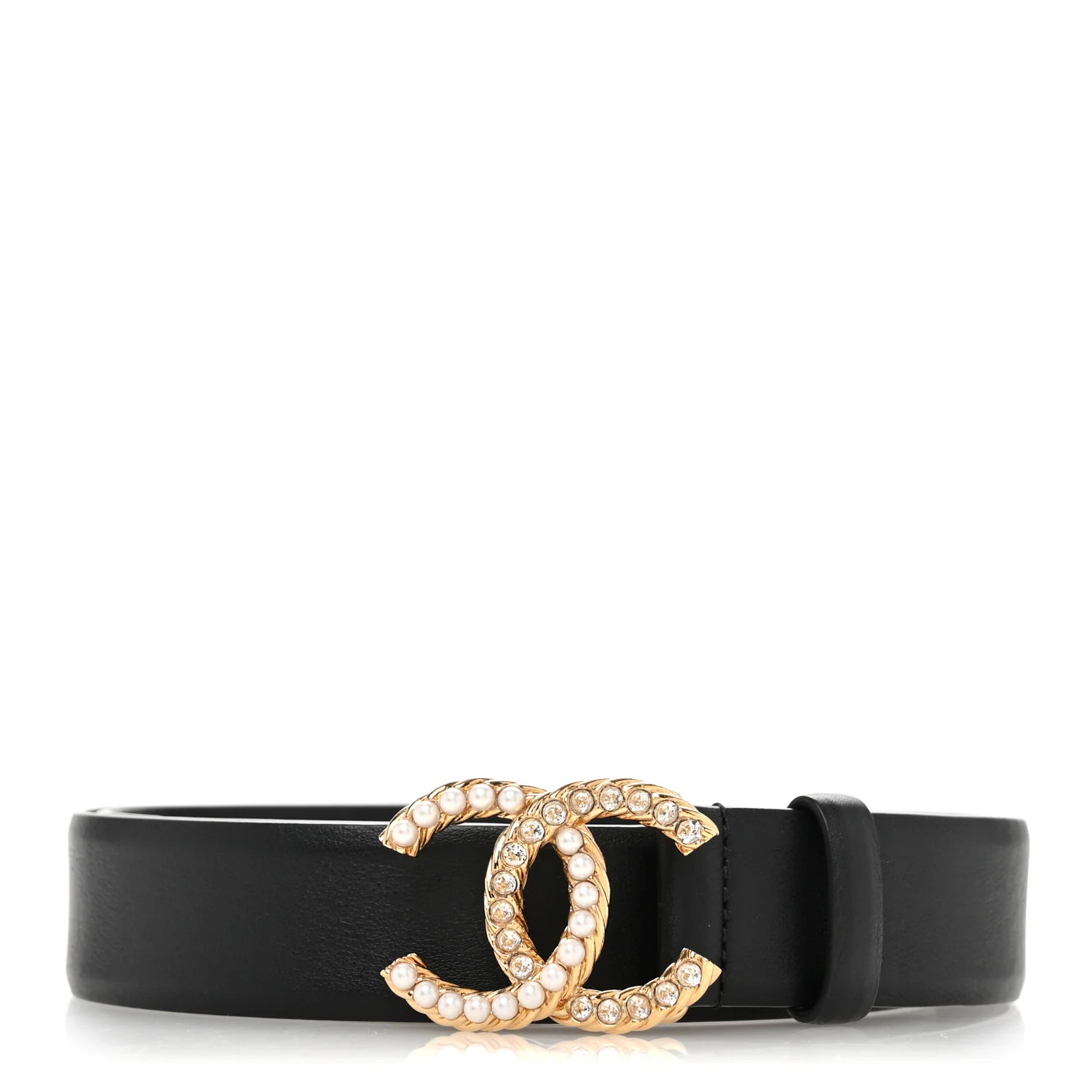 Calfskin Pearl Crystal CC Belt 80 32 Black | FASHIONPHILE (US)