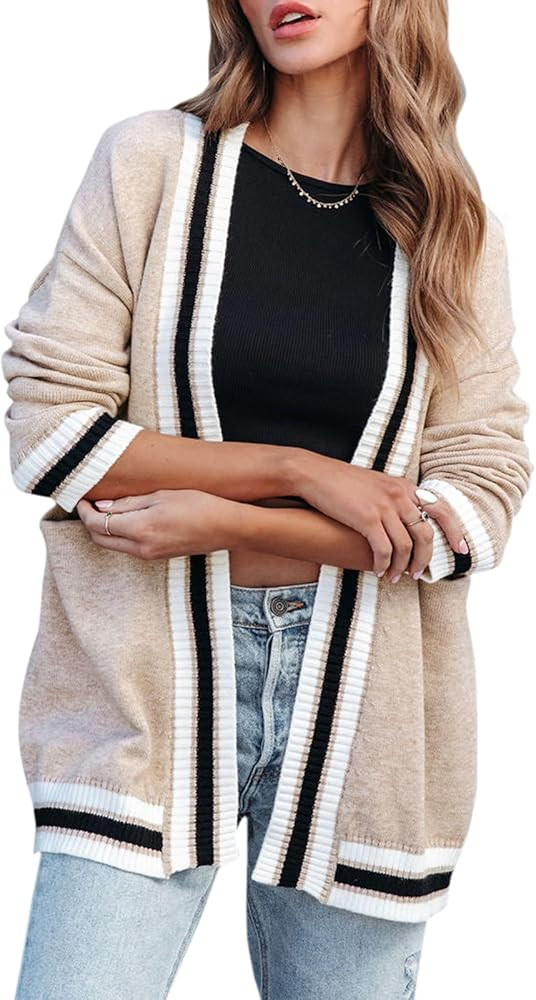 Striped Cardigan Sweaters for Women Knit Open Front Long Cardigan Colorblock Varsity Trendy Tenni... | Amazon (US)