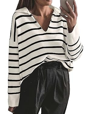 CFLONGE Women's Winter Casual Striped Long Sleeve Polo V Neck Pullover Sweater Loose Fit Drop Sho... | Amazon (US)