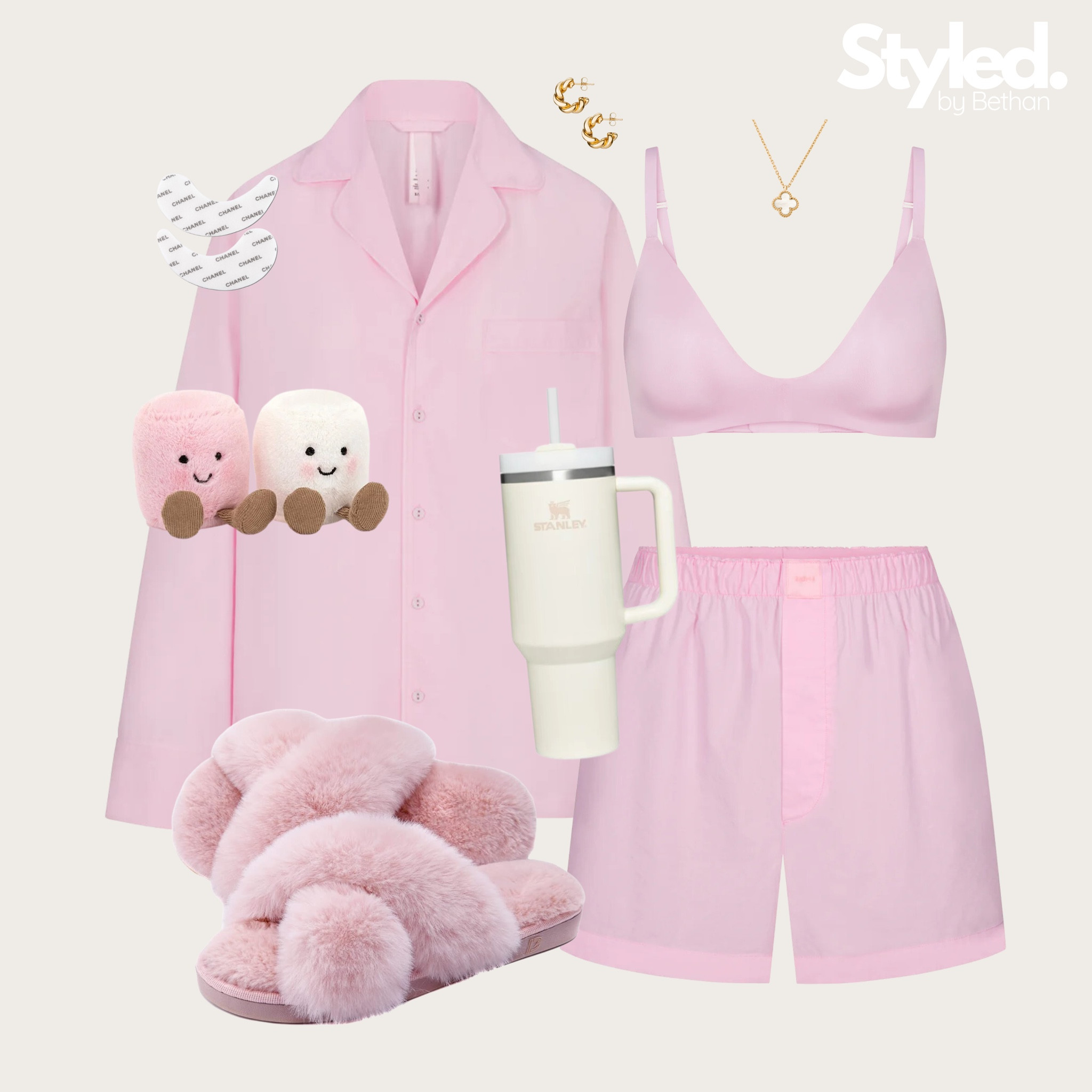 Cutes pjs ever 🤩 tags: skims pink pj set, pink fluffy slippers, gold mejuri hoop earrings, marshmallow jelly cat, van clegg necklace. Pj party sleepover cosy Christmas every day outfit inspiration.

#LTKGiftGuide #LTKstyletip #LTKSeasonal