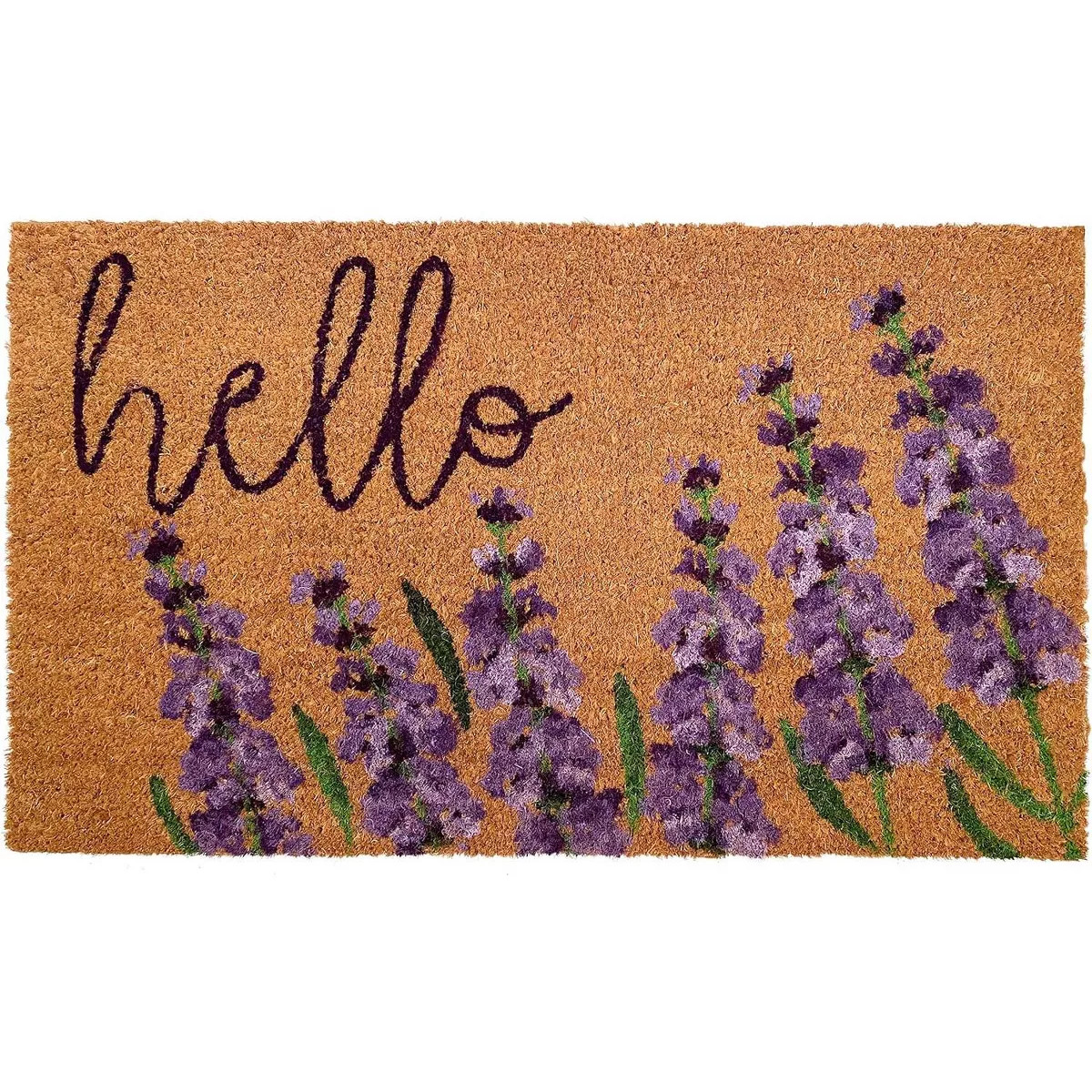 HomeRoots 17" X 29" Natural Black and Purple Coir Floral Hello Outdoor Door Mat | Target