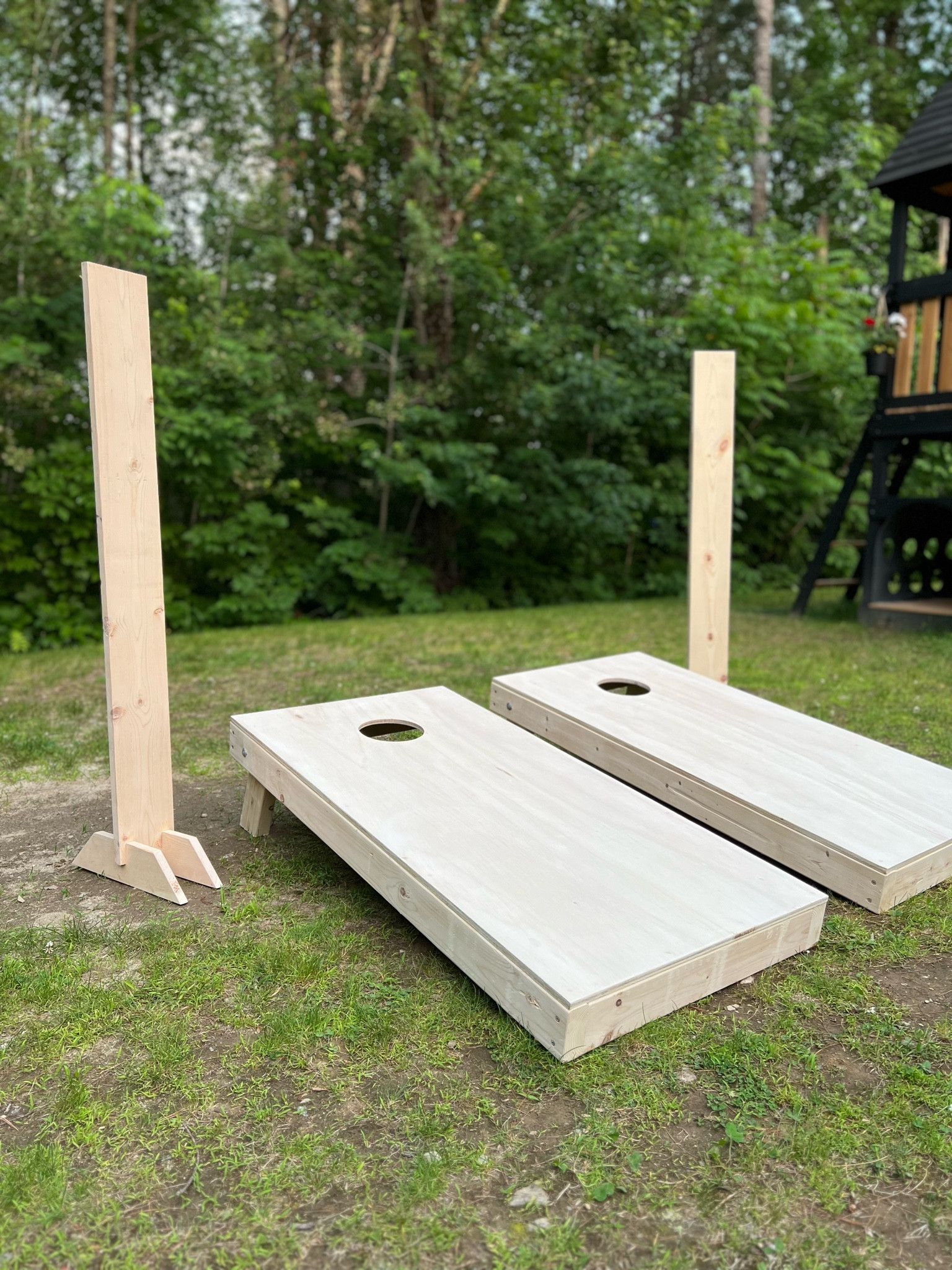 Custom Cornhole Set & Scoreboard Materials! You can finish them how ever you like!

Materials:
(4) 2x4x8 Studs
(2) 1/2” 2x4 Plywood Sheets (your choice of species)
(2) 1x6x4 Common Boards
(1) 1x4x8 Common Board
(4) 3/8, 4” Carriage Bolts w/ washer + nut
(12) 2 1/2” Wood Screws
(15-20) 1 5/8” Wood Screws

#LTKSeasonal #LTKHome