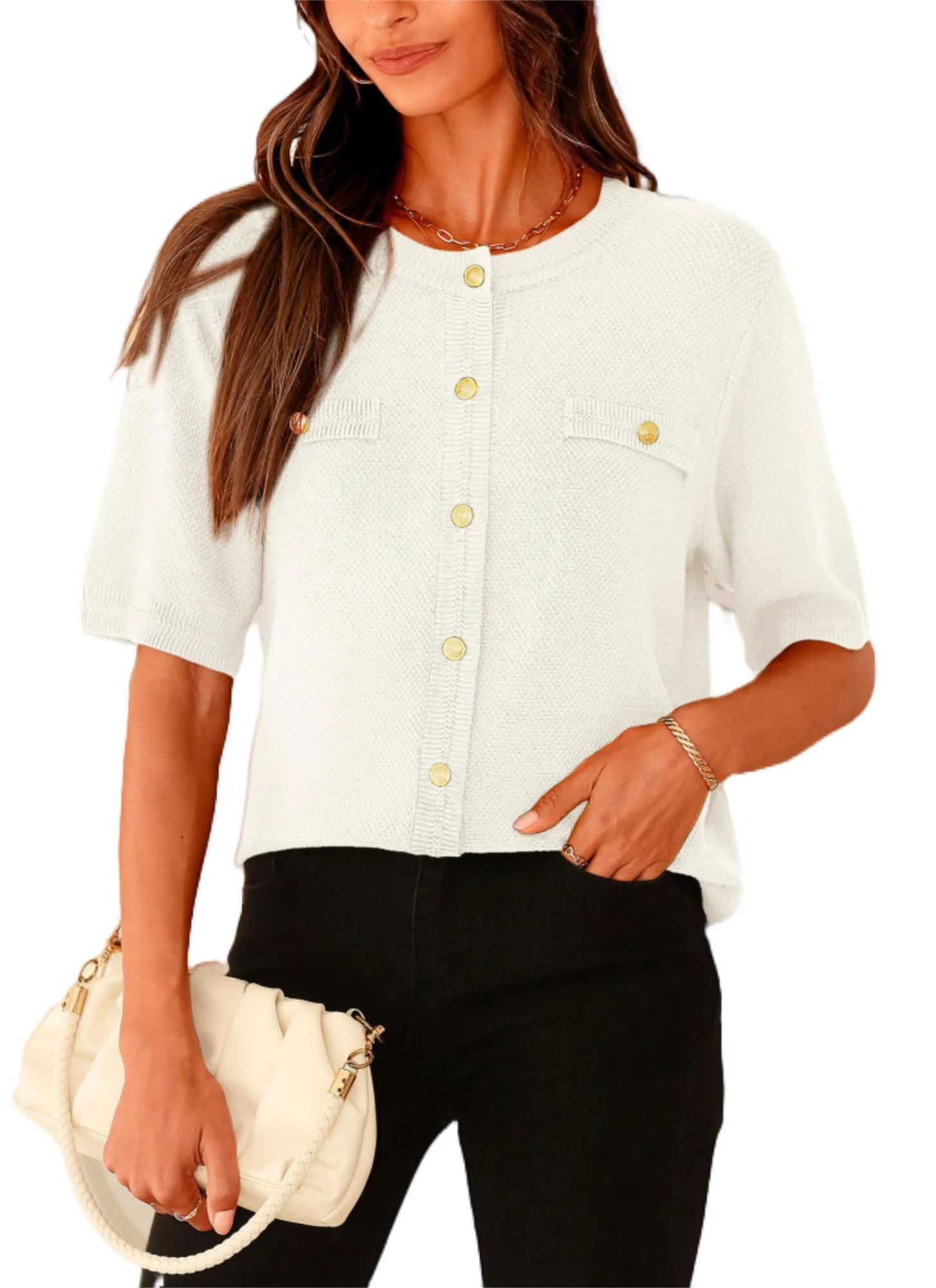 PRETTYGARDEN Women's Summer Button Down Shirts Casual Short Sleeve Crew Neck Ribbed Knit Blouse T... | Walmart (US)