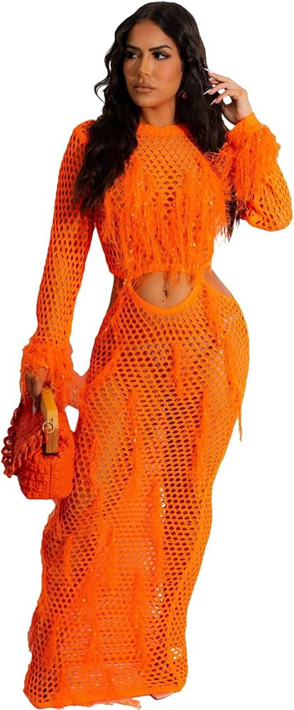 Women Sexy Long Sleeve Sequin Crochet Maxi Dress Beach Cover Handmade Knitted Casual Tassels Holl... | Amazon (US)