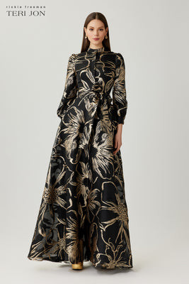 Metallic Foil Organza Shirt Waist Gown | TERI JON