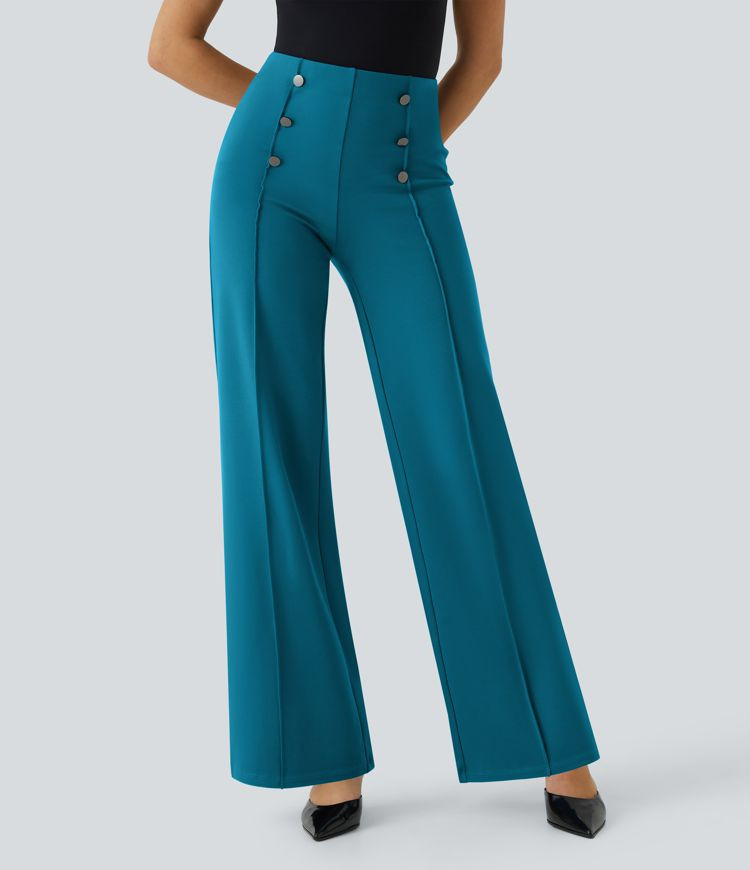 Women’s High Waisted Button Pocket Wide Leg Work Pants - Halara | HALARA