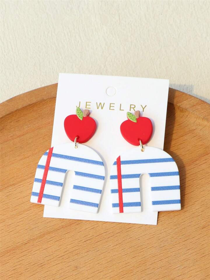 1pair Women's Apple Head & Textbook Pattern Printed Clay Texture Arch Earrings For Back-To-School... | SHEIN