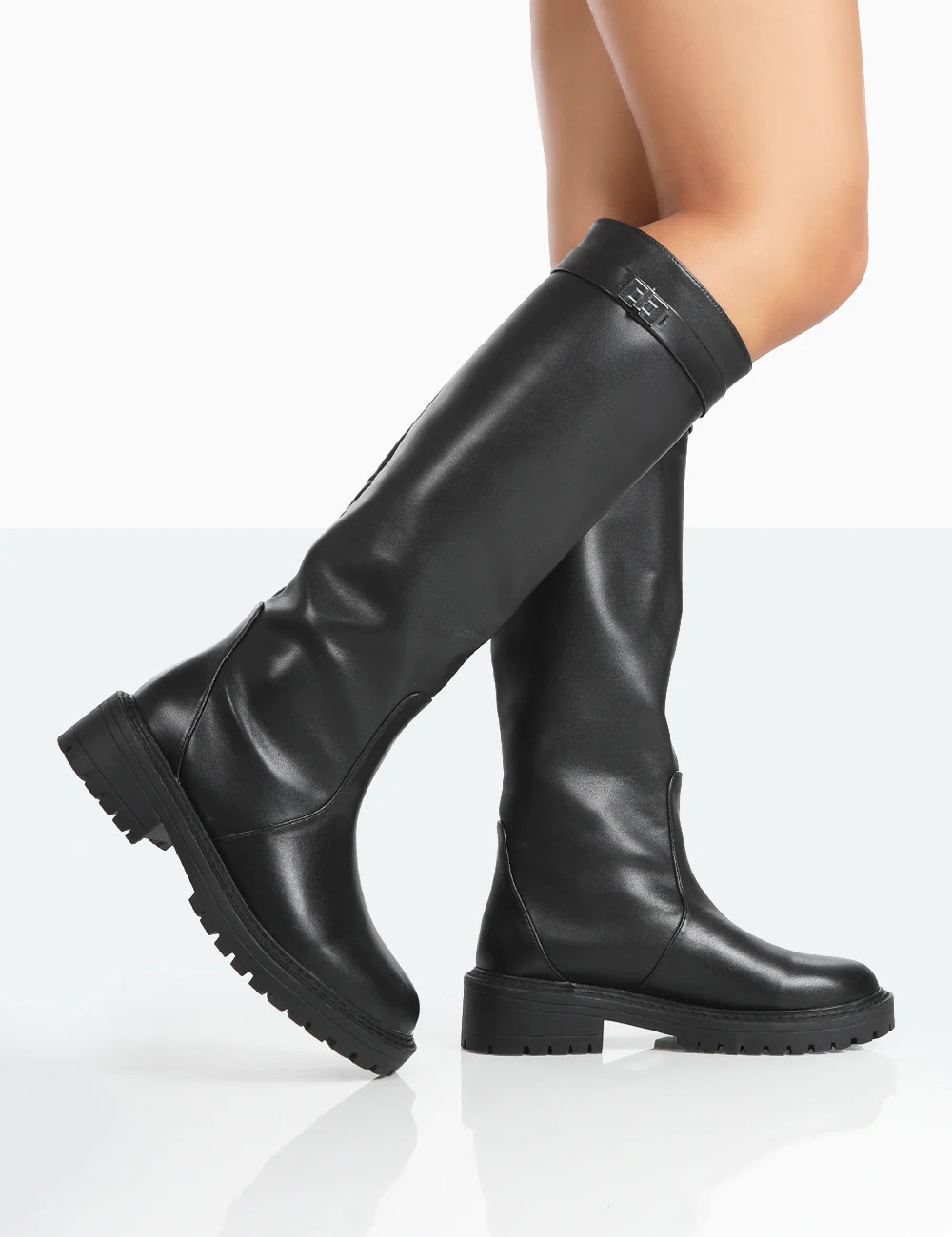 More Fun Black Pu Round Toe Chunky Sole Knee High Boots | Public Desire