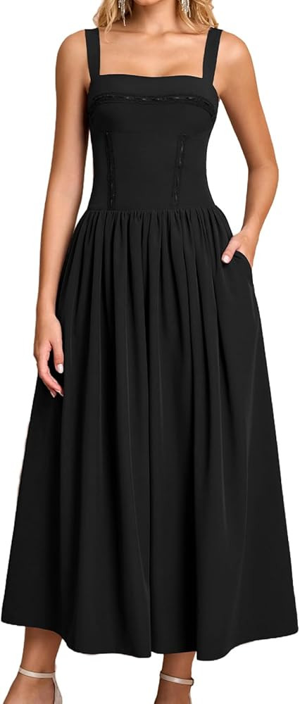 XinFSh Women's Summer Corset Midi Dress Flowy Square Neck Sleeveless Lace Wedding Guest Dresses w... | Amazon (US)