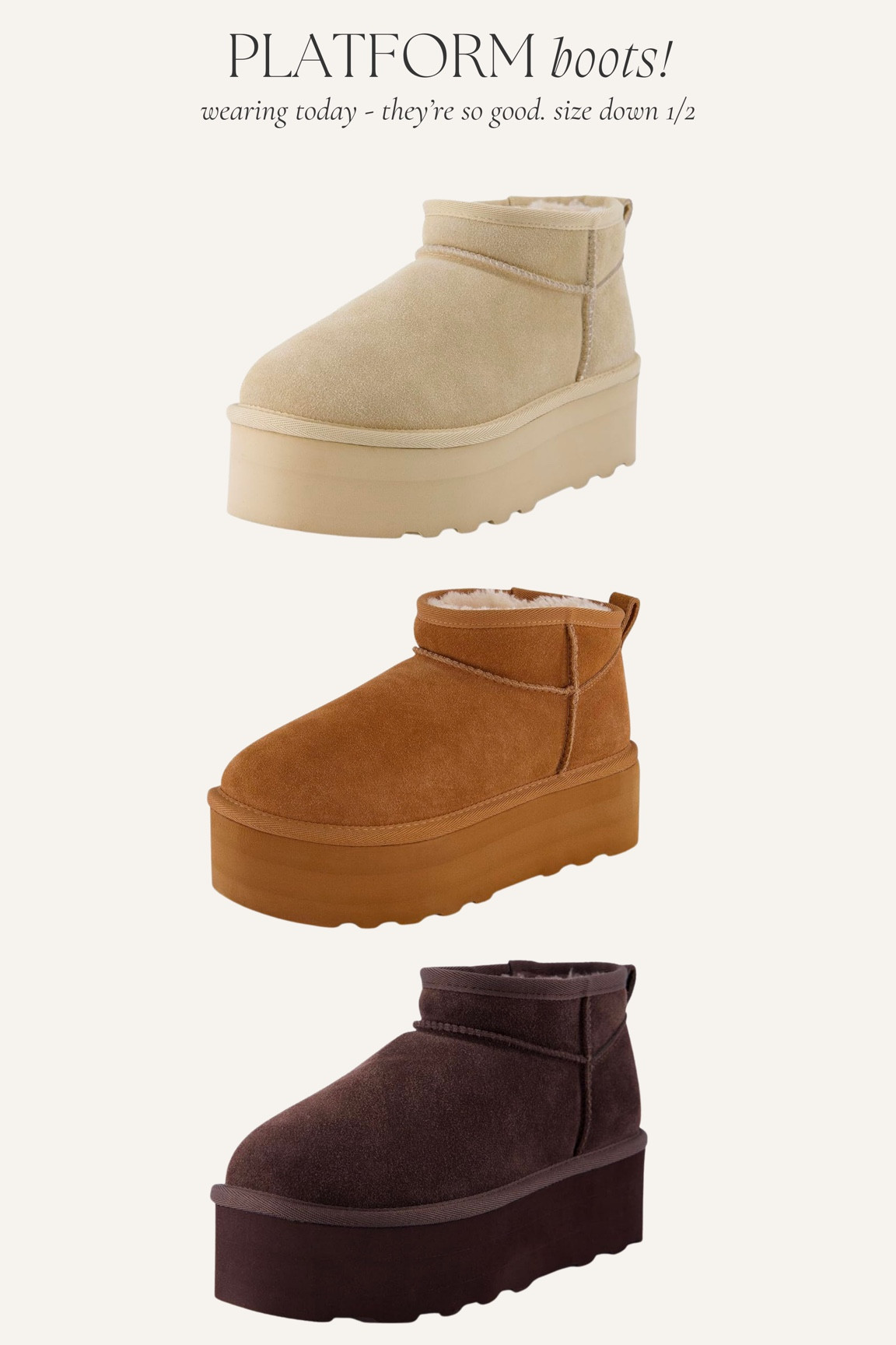 Love these ugg lookalikes! They run slightly loose so size down 1/2. Several colors, high quality, they look just like uggs. I wear them non stop!