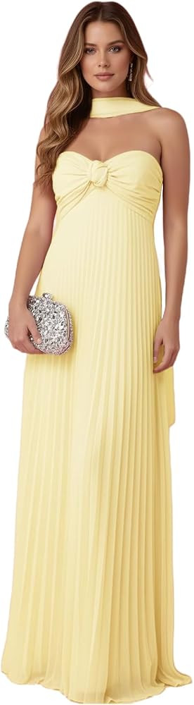 Strapless Chiffon Prom Dress for Women Long Pleated Flowy Bridesmaid Wedding Guest Maxi Gowns wit... | Amazon (US)