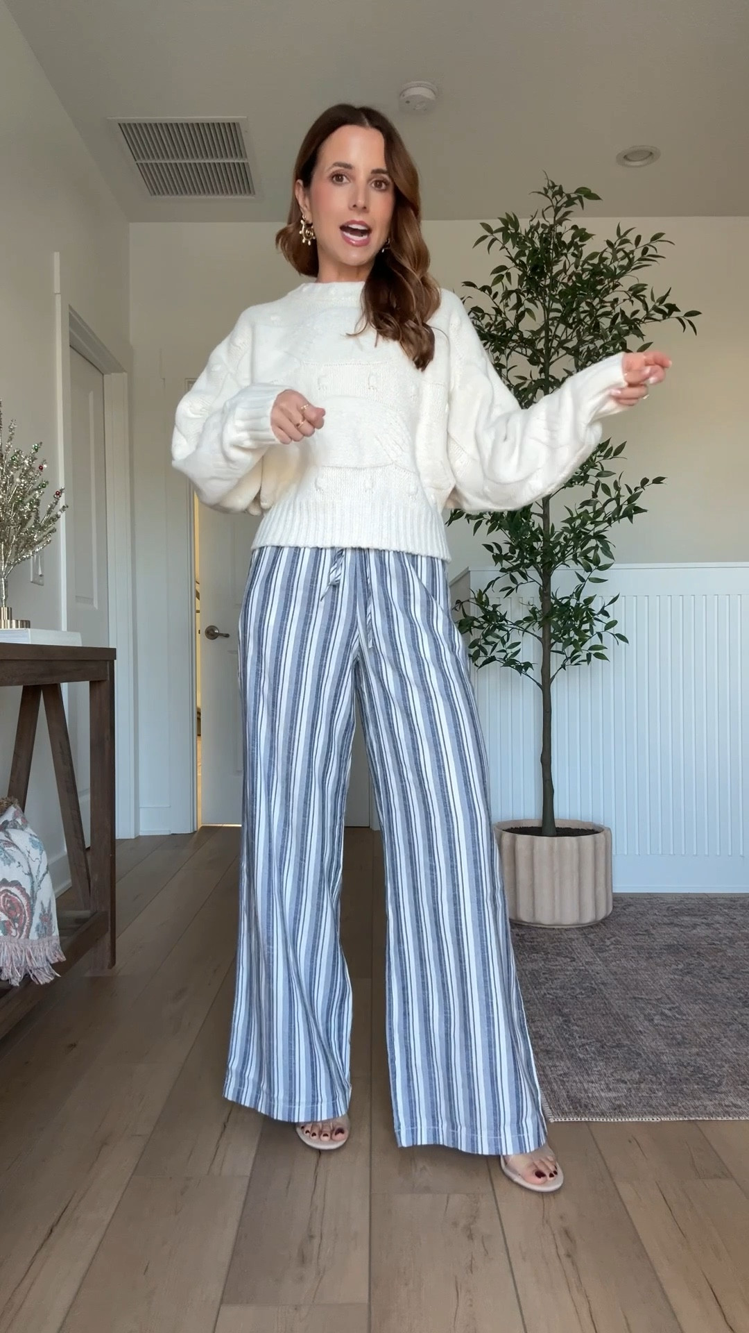 New Target wide leg striped pants in XS. Cream sweater in XXS. Resort outfit. Resort wear. Spring outfit. Vacation outfit. Vacation style. Coastal outfit.

#LTKTravel #LTKootd #LTKgrwm