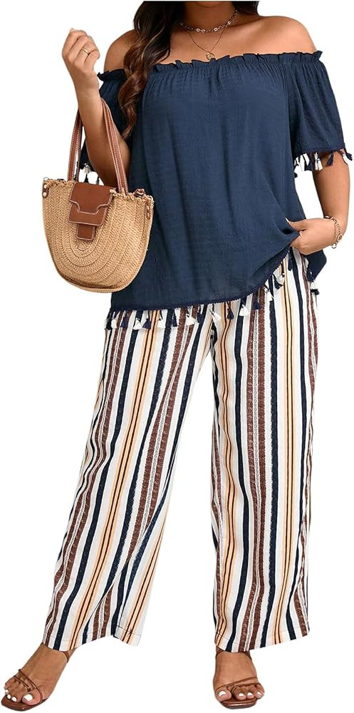 WDIRARA Women's Plus Size 2 Piece Set Off Shoulder Short Sleeve Striped Pants Outfits | Amazon (US)