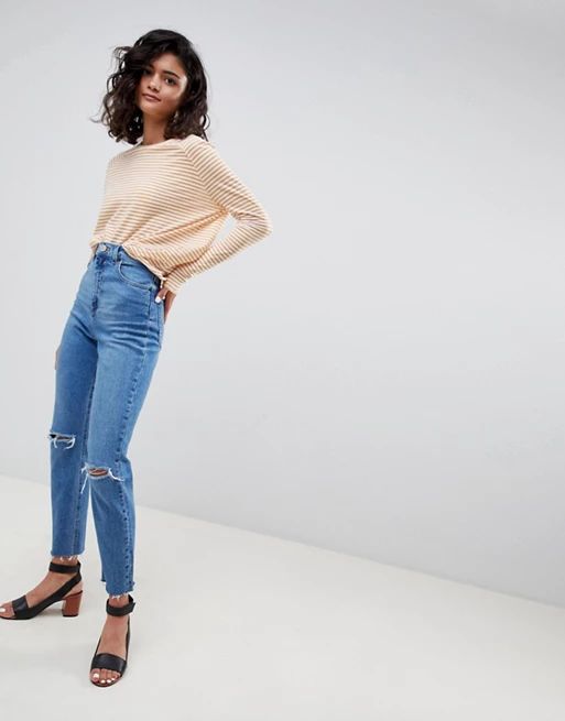 ASOS DESIGN Farleigh high waist slim mom jeans in mid stonewash blue with rips | ASOS US