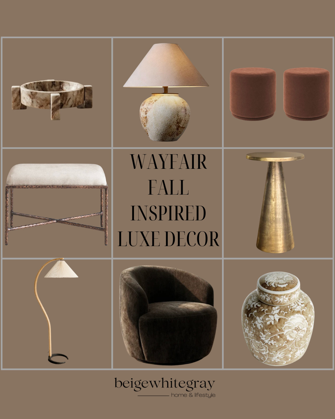 Wayfair home decor, Wayfair fall decor, fall home decor, luxury fall decor, luxe home decor, neutral fall decor, brown home decor, warm neutral interiors, designer inspired decor, affordable luxury home decor, Wayfair furniture finds, fall furniture finds, accent chair, velvet ottoman, upholstered bench, brass side table, ceramic table lamp, decorative ginger jar, modern floor lamp, organic modern decor, transitional home decor, sophisticated home decor, cozy fall interiors, elevated home decor, fall interior design

#LTKHome