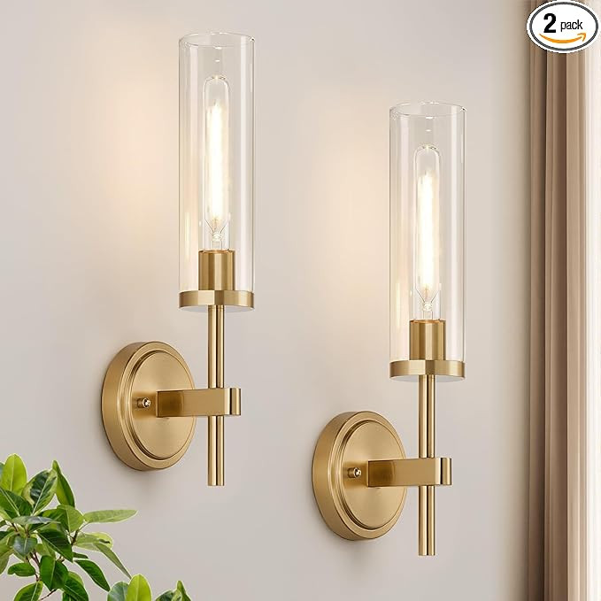 Wall Sconces Set of Two, Brushed Gold Bathroom Sconces with Clear Glass, Hardwired Sconces Wall D... | Amazon (US)