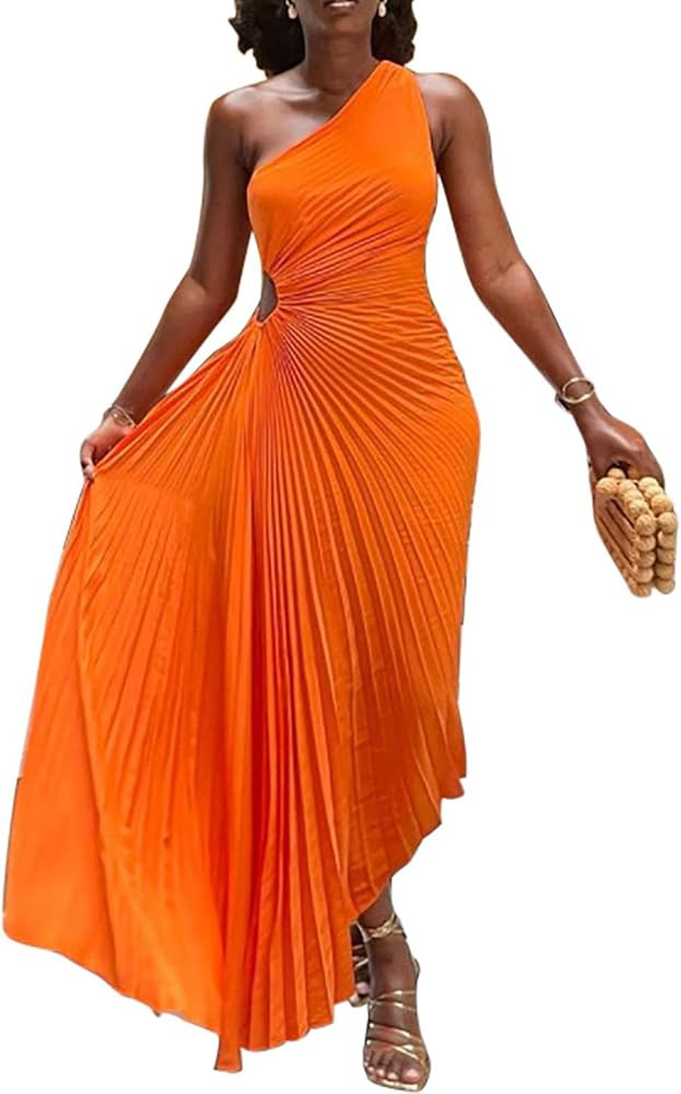 Yuopeid Women's Sexy One Shoulder Sleeveless Fashion Pleated Irregular Cocktail Club Party Long D... | Amazon (US)