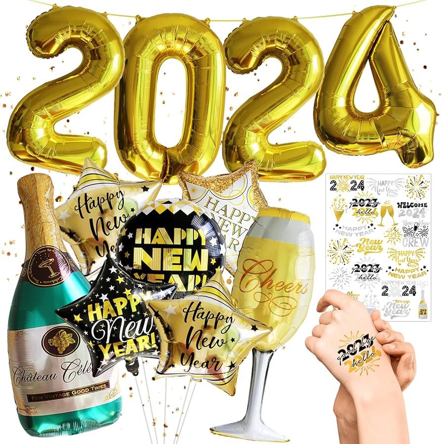 New Years Eve Party Supplies 2024, 11 Pcs 2024 Balloons 21 Glitter Styles Temporary Tattoos, Hap... | Amazon (US)