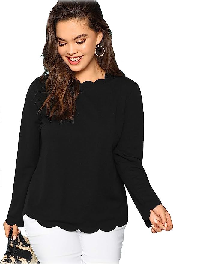 Romwe Women's Long Sleeve Plus Size Tee Scallop Edge Blouse Top | Amazon (US)