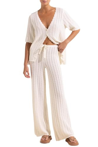 Imily Bela Women's 2 Piece Knit Vacation Outfits Summer Beach Cardigan Top and Drawstring Long Pants Pajama Set Loungewear | Amazon (US)