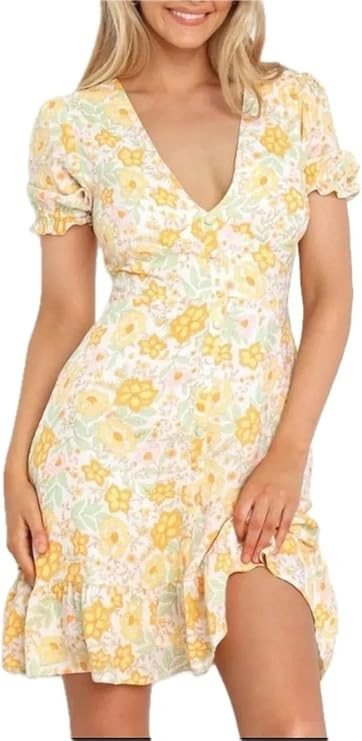 Women's Ruffled Hem Printed Short Sleeve Mini Dress with Buttoned Front and Opaque Overlay 100% P... | Amazon (US)