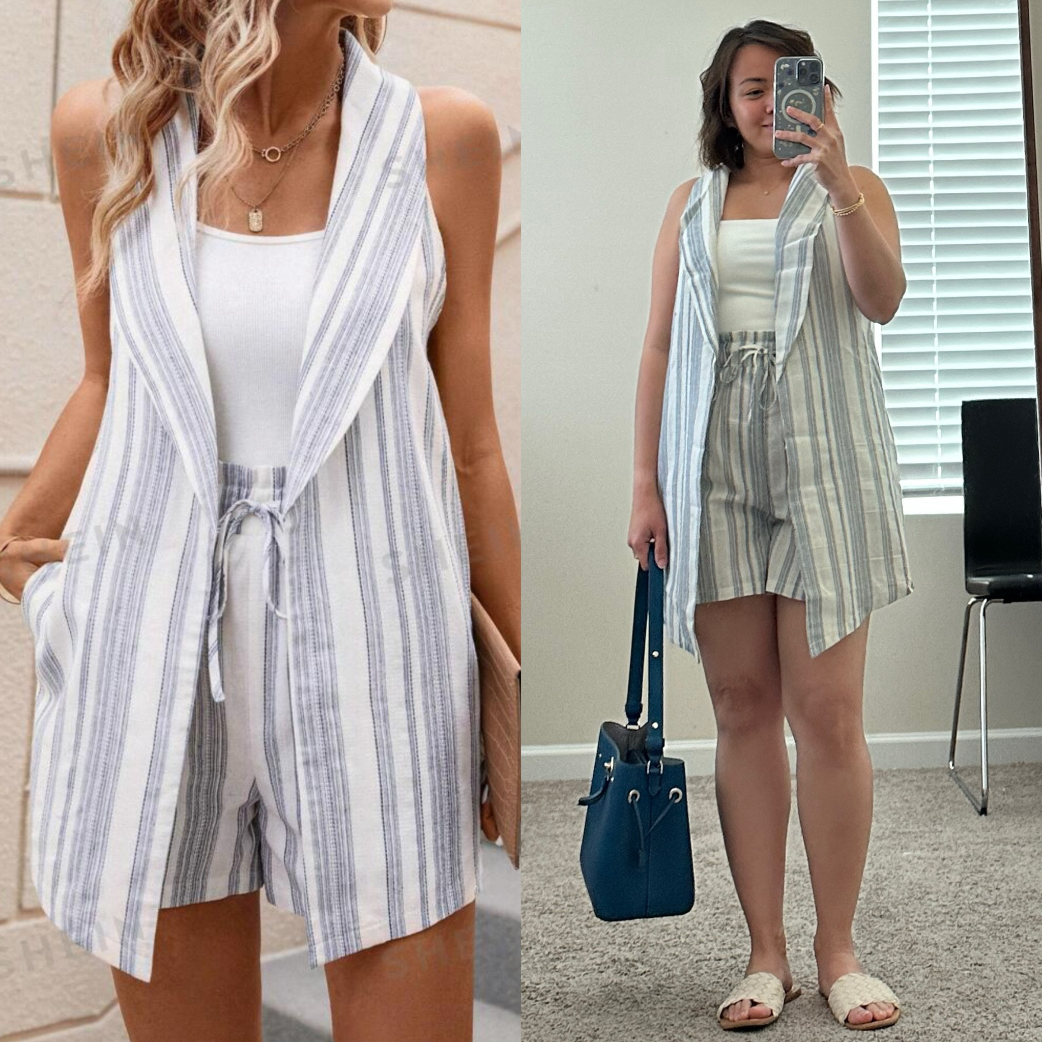 Transform your look with a linen stripe monochromatic women's vest coat and paper bag waist shorts! Amp up the ensemble by pairing it with a crisp white blouse tucked into the shorts. Then, top it off with minimalist sandals and a straw tote bag for that effortlessly chic, summery feel. Feeling bold? Opt for a touch of sophistication by incorporating a dark blue belt and heels. It's all about mixing comfort with style!

#LTKSeasonal #LTKfindsunder50 #LTKstyletip